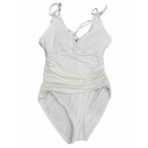 La Blanca Womens Swimsuit One Piece Solid White Ruching Straps Stretch Size 8